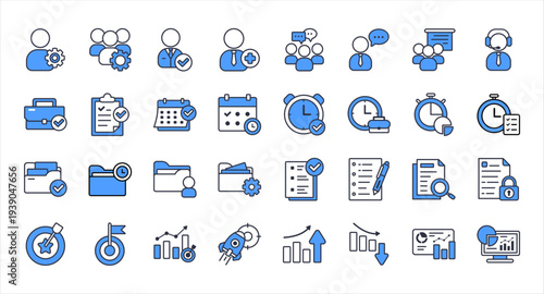 Office Management And Productivity Tools Icons Set. Employee communication project organization task control and business analytics vector icons