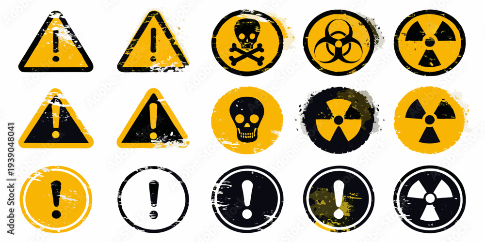 Obraz premium Collection of warning danger biohazard and radiation symbol signs