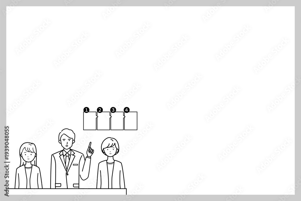 Fototapeta premium 余白のある会議で方針を説明するビジネスパーソンのイラスト（モノクロ）