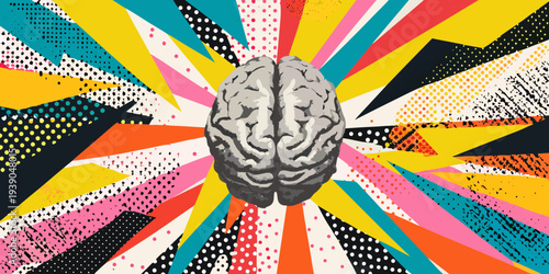 A human brain is centered within an explosion of colorful abstract patterns