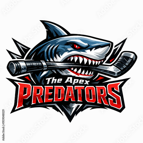 Fierce The Apex Predators hockey mascot logo featuring aggressive shark biting stick, representing victory, focus, confidence, and the indomitable energy of fearless champions
