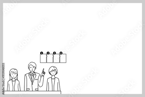 余白のある会議で方針を説明するビジネスパーソンのイラスト（モノクロ）