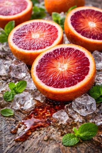 Fresh Sliced Blood Orange with Ice Cubes and Mint AI Generated