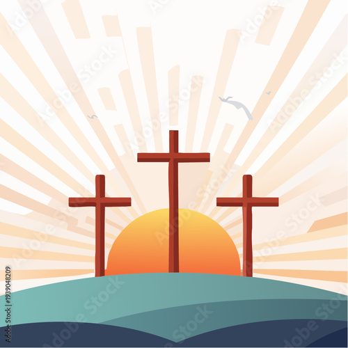 Three crosses on hill at sunrise symbolizing faith and spirituality.