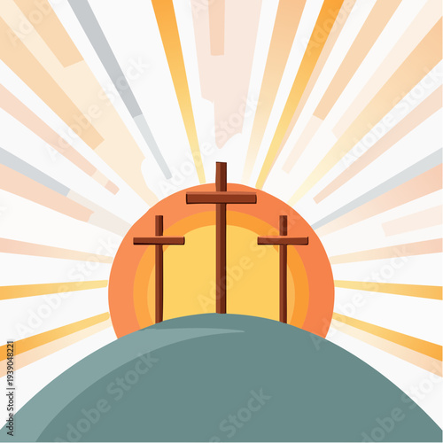 Three crosses on a hill at sunrise with radiant sunbeams.