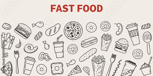 Doodle illustration featuring various popular fast food items and drinks