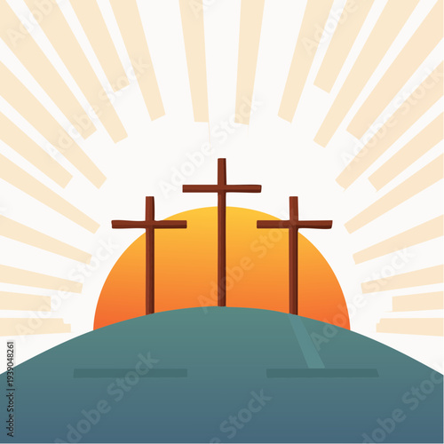 Three crosses on a hill at sunrise symbolizing Easter and Christianity.