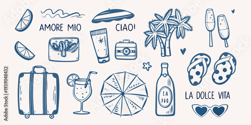 A collection of summery illustrations with italian phrases and objects