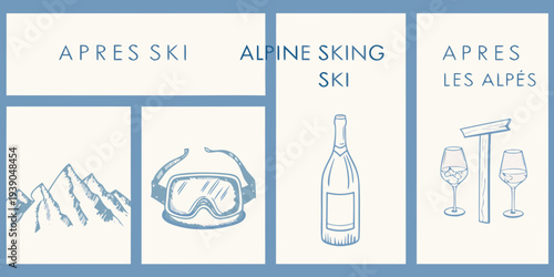 Stylized illustration depicting apr s ski and alpine skiing related items