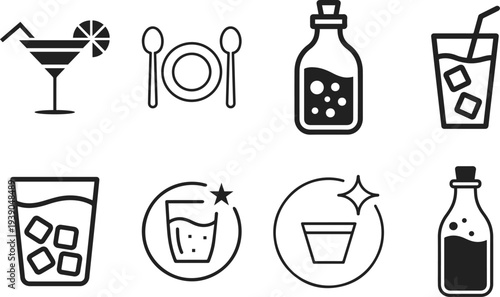 Collection of eight simple black and white icons representing beverages, dining, and liquids.
