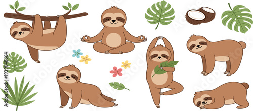 Cute Sloth Collection with Tropical Leaves and Coconut Adorable Jungle Animal Cartoon Vector Illustration Set