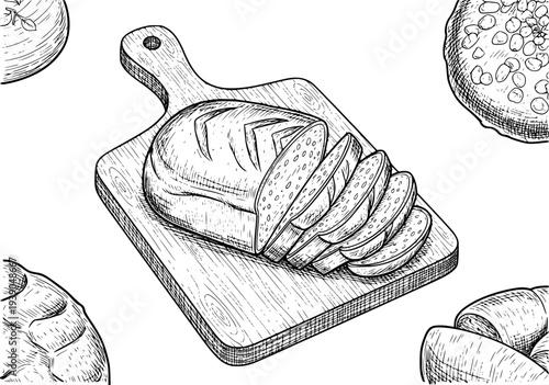 Hand drawn sliced loaf of bread a wooden cutting board surrounded by other baked goods
