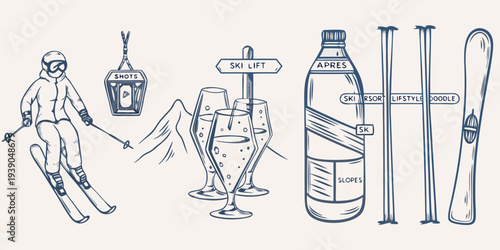 Skiing apr s ski and resort lifestyle illustrated in a blue sketch style