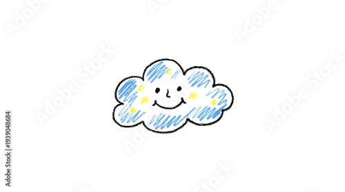 Photography Cute toddler-style crayon sketch of a smiling cloud with blue scribble shading and small yellow dots on a clean white background