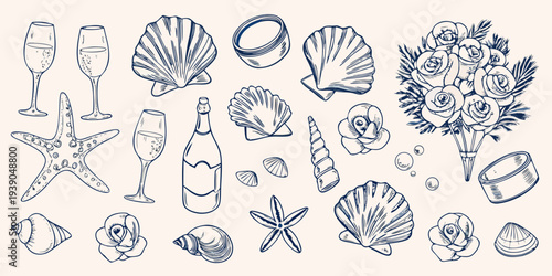 Sketch of champagne seashells roses and marine life arrangement