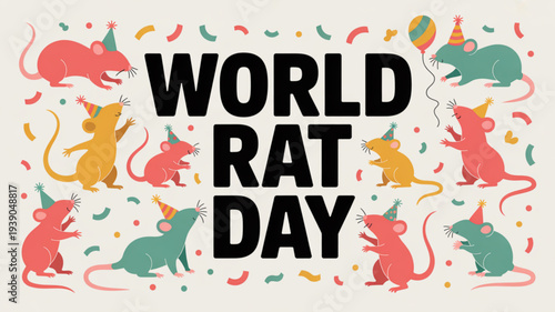 Colorful rats celebrate world rat day with party hats and confetti on beige background