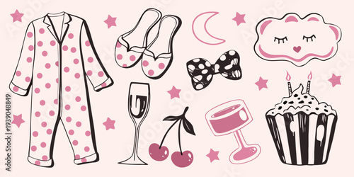 Sleepover themed illustration featuring pajamas sweets and dreamy elements