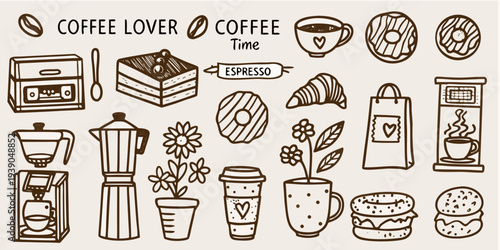 A charming collection of hand drawn coffee elements and related treats