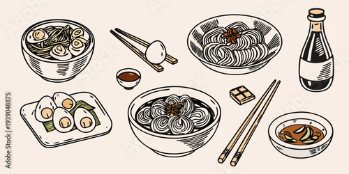 Illustration of ramen dumplings eggs and condiments in a minimalist style