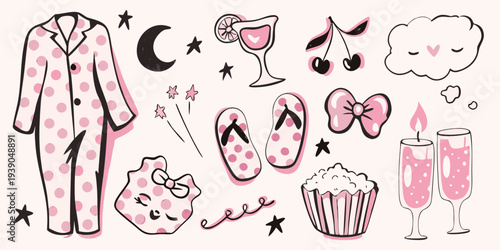 Dreamy summer night illustration with pajamas drinks and sweet treats