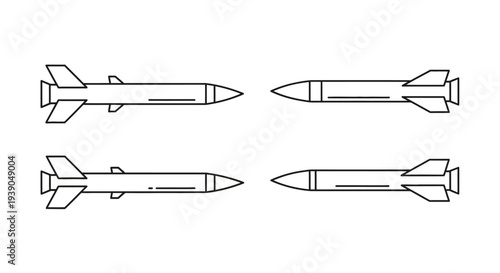 Set of Four Military Missile Line Art Outlines, Isolated White Background Vector Illustration