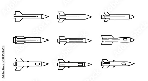 Set of Nine Outline Military Missiles Icon Flying Horizontally on Isolated White Background