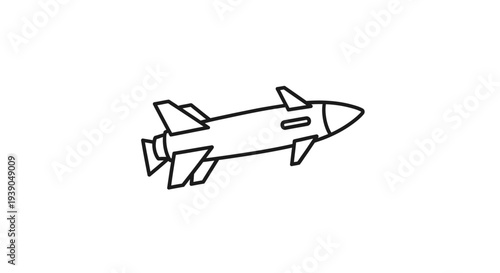 Outline Military Missile Icon Flying Diagonally on Isolated White Background