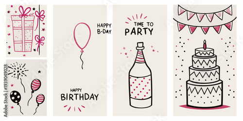 Festive birthday illustrations with gifts balloons cake and party elements