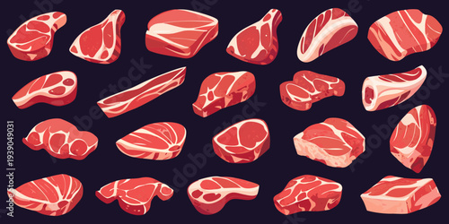 Variety of raw meat cuts displayed in a colorful illustrative style