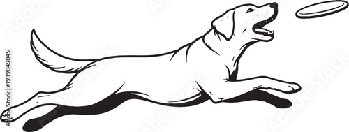 Dog Catching Frisbee Mid Air Side View Black and White Line Art