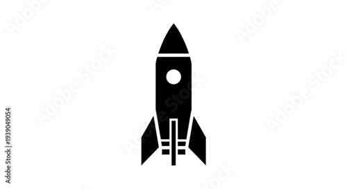 Solid black icon of a stylized rocket ready for launch, symbolizing ambition and development, isolated white background.