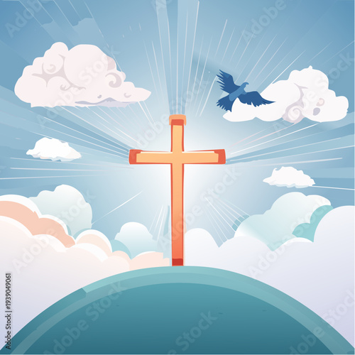 Christian cross with dove and clouds in the sky.