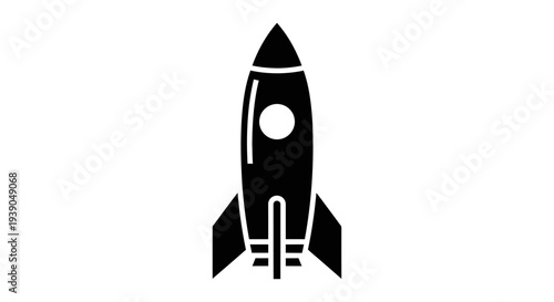 Solid Black Silhouette of a Space Rocket Launching Upwards, Isolated White Background