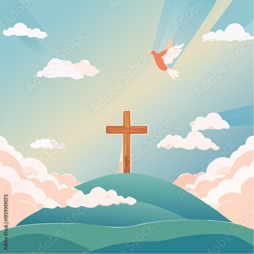 Christian cross on a hill with dove and divine light.