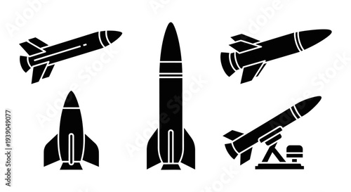 Solid black icon set of various rockets and missiles, symbolizing space exploration and military technology, isolated white background.