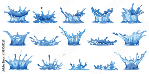 A collection of cartoon style water splashes in various shapes and sizes