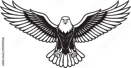 Bald Eagle With Spread Wings Black and White Line Art Illustration