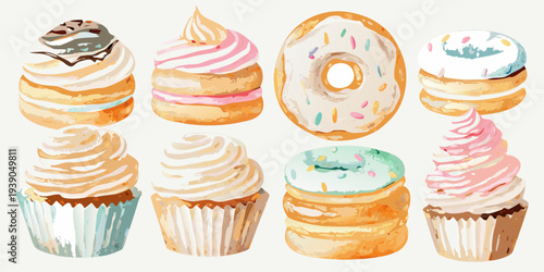 Watercolor illustration of assorted cupcakes and a sprinkled donut arrangement