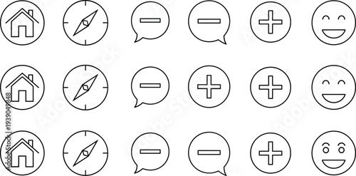 Pattern recognition puzzle illustration, house compass speech bubble plus minus smiling face icons, educational cognitive design, black and white vector