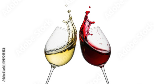 Two elegant long-stemmed wine glasses clinking, dramatic red and white wine splashes frozen in mid-air against a transparent studio background, ample copy space, celebration atmosphere