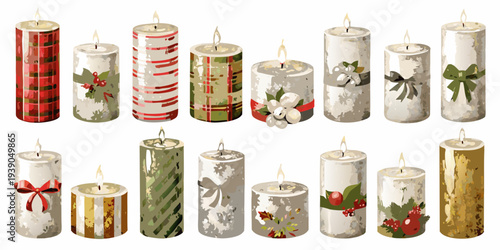Festive watercolor style candles arranged in two rows decorated for holidays