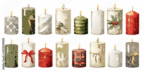 Collection of decorative patterned candles in various colors and designs