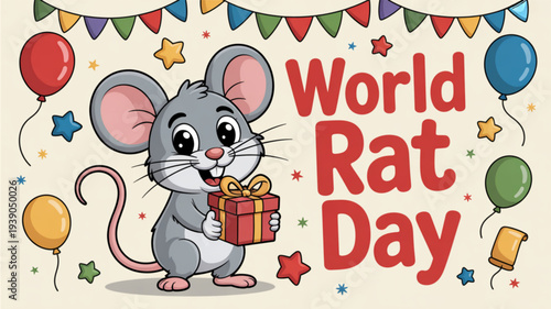 Cartoon mouse holding gift celebrates world rat day with colorful balloons and bunting