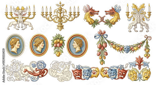 Renaissance Grotesque Vector Ornaments - Candelabra, Medallions, and Hybrid Creatures