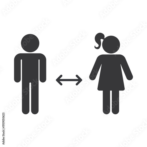 Isolated pictogram showing man and woman figures separated by arrows indicating required distance rule between genders in school or facility areas