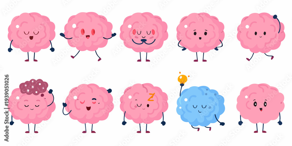 Obraz premium Cute cartoon brains displaying various emotions and mental states