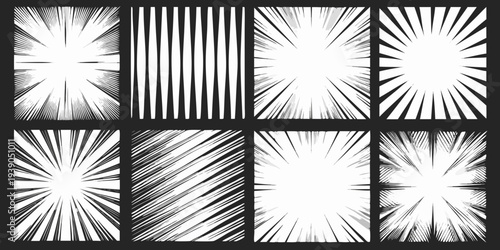 Eight comic book style speed lines and burst effects in black and white