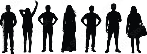 Diverse group of people silhouettes standing together in a row including men and women in various poses with a long dress and casual outfits