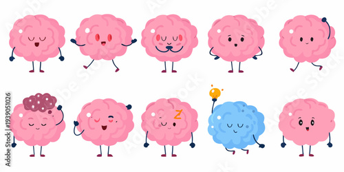 Cute cartoon brains displaying various emotions and mental states