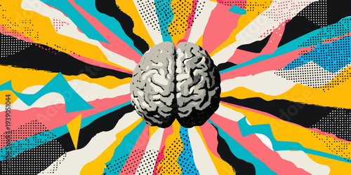 A human brain centered amidst a vibrant exploding pattern of colors